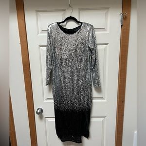Eloquii Silver and Black Sequin Long-Sleeved Midi Cocktail Dress - NEW WITH TAGS